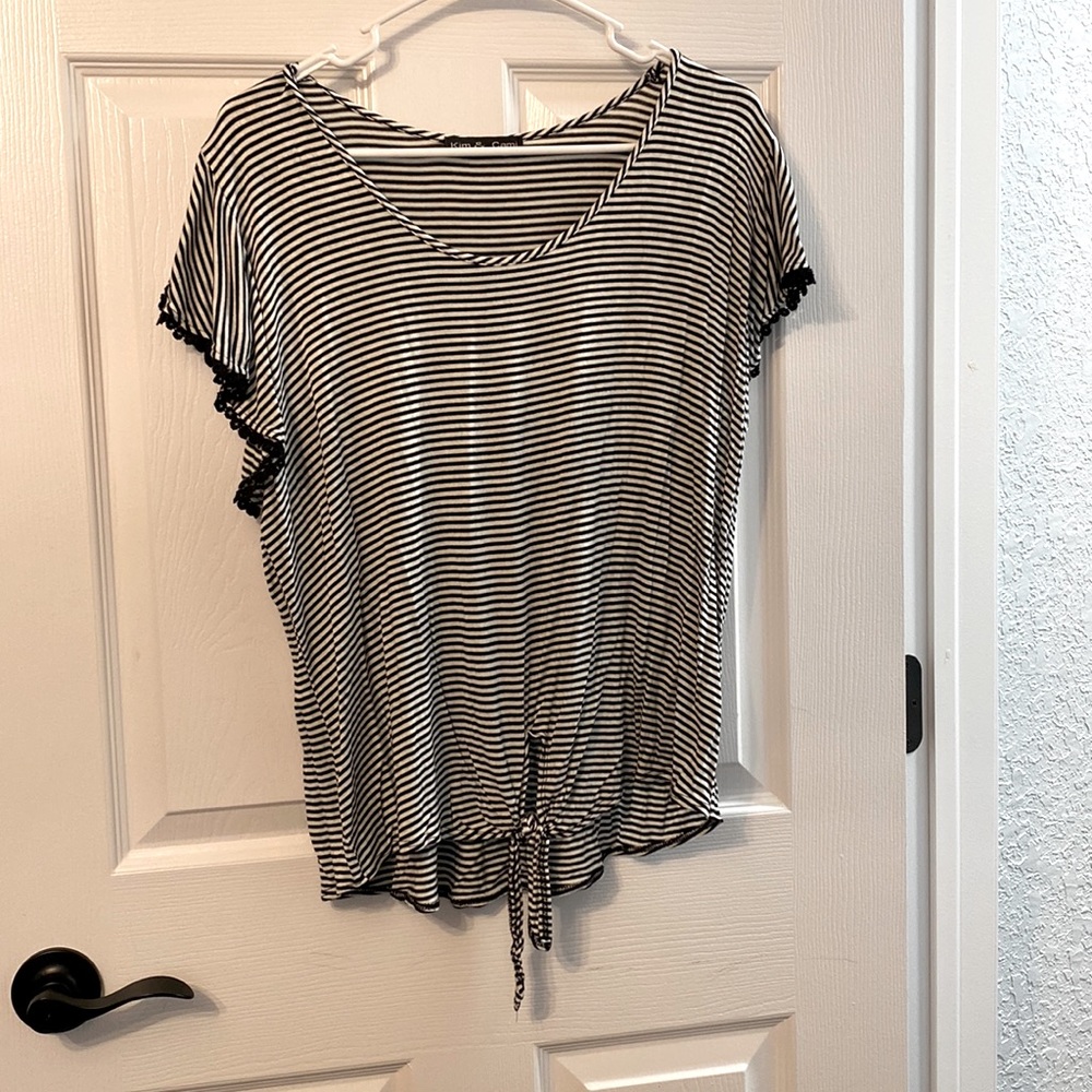 Black and white striped shirt that ties at bottom